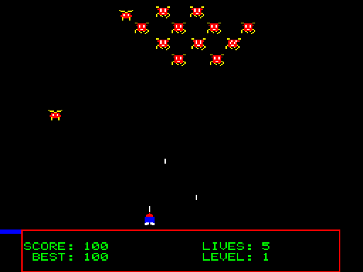 Star Port 2001 (PD-F) — Game started with Enter: spaceship, enemies, score and lives.