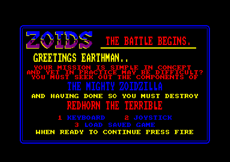 Zoids — Original Zoids initial menu; complete gameplay not verified.