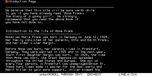 Quanta Library - ED02 — Quanta ED02: apertura del texto introductorio original sobre la vida de Anne Frank, mostrado en el lector del programa QL.