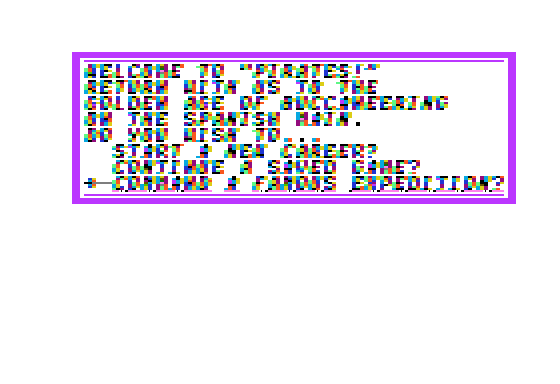 Pirates! — Pirates!: pantalla inicial y menú original alcanzados en AppleWin; partida aún no verificada.