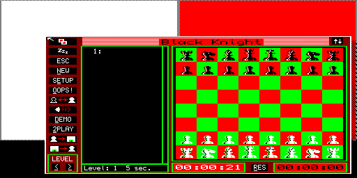 Black Knight v1.4 — Schermata di riscontro dello stesso programma, avviato dalla copia floppy derivata. Versione 1.4 indicata nelle note originali. Verificati loader e Pointer Environment inclusi, attivazione della modalità DEMO e sequenza di mosse del motore sulla scacchiera. Partita umana completa, configuratore, orologio separato e salvataggi non collaudati.