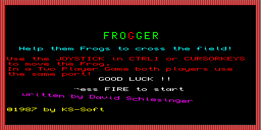 Frogger - KS-Soft 1987 — Schermata di riscontro dello stesso programma, avviato dalla copia floppy derivata. Frogger di David Schlesinger, KS-Soft 1987. Verificati avvio in Mode 8, selezione della partita e campo di gioco con rana, ostacoli, vite e tempo. Il loader BOOT_FROGGER originale contiene MISTake: è conservato invariato; la prova usa MODE 8 ed EXEC_W direttamente. Non certificati tutti i livelli o la modalità a due giocatori.
