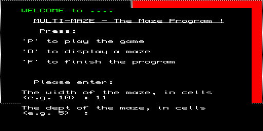 Multi-Maze — Schermata di riscontro dello stesso programma, avviato dalla copia floppy derivata. Generatore e gioco di labirinti recuperato dal supporto Games_bas. Verificati impostazione di un labirinto 11 per 11, generazione della vista tridimensionale e cambiamento della vista dopo i comandi direzionali. Non certificati tutti i percorsi, le modalità o i sorgenti compressi conservati nel supporto.