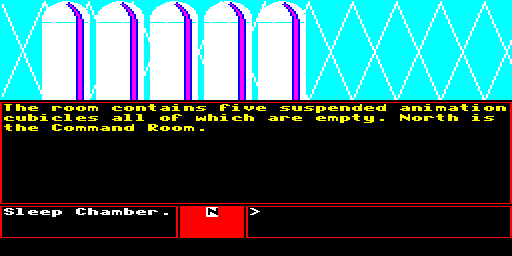 QL Epic Adventure v1.5 — Schermata di riscontro dello stesso programma, avviato dalla copia floppy derivata. Versione 1.5 indicata dal loader originale. Verificati caricamento delle estensioni incluse e comando nord, dalla Sleep Chamber alla Command Room con nuova immagine e descrizione. Editor, intera avventura e salvataggi non collaudati.