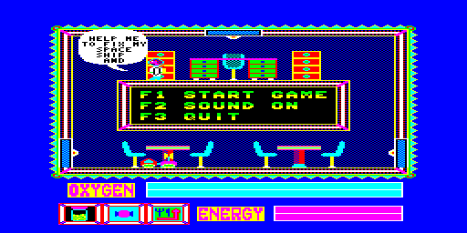 Sam the Little Spaceman — Schermata di riscontro dello stesso programma, avviato dalla copia floppy derivata. Gioco Aholsoft verificato con 128 KB di RAM: loader originale, comparsa del campo di gioco e spostamento del personaggio dopo i comandi. La versione floppy adatta soltanto il percorso del loader da MDV1 a FLP1 e richiede 128 KB; non certificati completamento, tutti i livelli o configurazioni con memoria espansa.