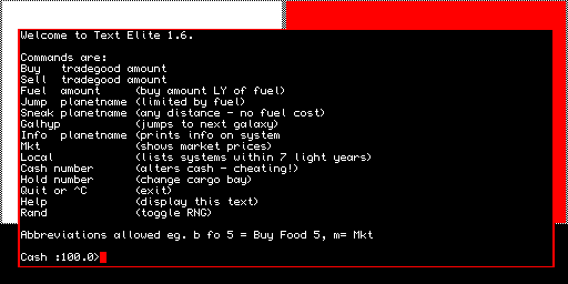 Text Elite v1.6 — Schermata di riscontro dello stesso programma, avviato dalla copia floppy derivata. Versione testuale delle meccaniche commerciali di Elite. La schermata identifica Text Elite 1.6; verificati avvio e comando INFO, con i dati del sistema Lave. Il README conserva il riferimento alla base v1.5: non è stato riscritto. Commercio, viaggio e sessioni prolungate non collaudati.