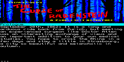 The Curse of Rabenstein - edizione QL Mode 8 — Schermata di riscontro dello stesso programma, avviato dalla copia floppy derivata. Avventura di Stefan Vogt, edizione Sinclair QL di Alan Pemberton e Andrei Tenu. Verificati il caricamento originale della versione Mode 8, la prima scena e il comando nord che prosegue nel prologo. La variante SMSQ contenuta nel supporto originale non è stata collaudata. Non certificati completamento e salvataggi.
