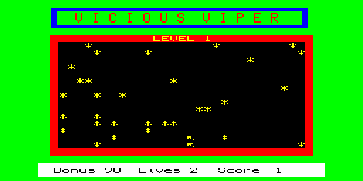 Vicious Viper — Schermata di riscontro dello stesso programma, avviato dalla copia floppy derivata. Gioco recuperato dal supporto Games_bas. Verificati avvio del livello 1, risposta ai comandi e aggiornamento del punteggio. La cattura mostra la partita effettiva. Non certificati tutti i livelli o il salvataggio dei risultati; nessun numero di versione attribuito.