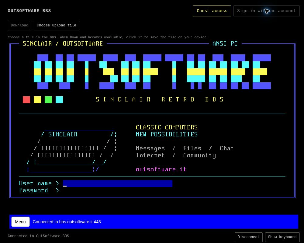 La pantalla de acceso de Outsoftware BBS en el navegador, con el logotipo de colores, el ordenador Sinclair y los campos de inicio de sesión