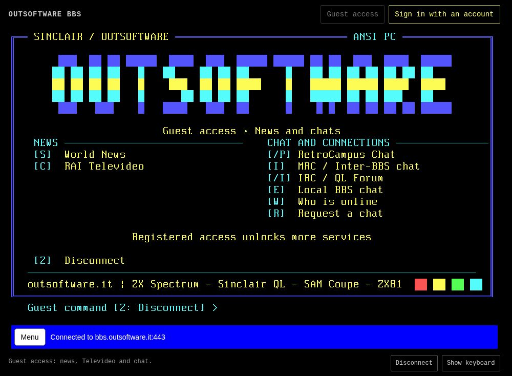 Outsoftware BBS en el navegador: menú de invitados con noticias, RAI Televideo, RetroCampus Chat e IRC / QL Forum