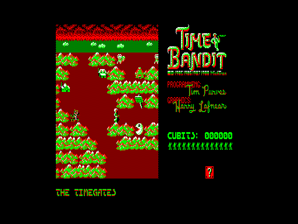 Time Bandit en la zona The Timegates en QL, con personaje, paisaje, puntuación y logotipo.