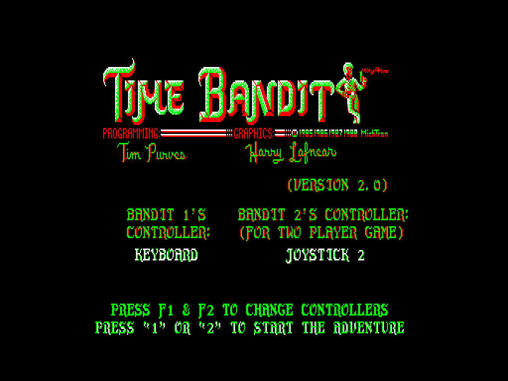 Pantalla de título de Time Bandit para QL, con el logotipo original y las opciones de inicio.