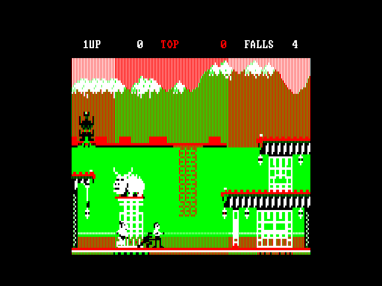 Bruce Lee en juego en Sinclair QL: el protagonista en la primera habitación, con plataformas y farolillos.