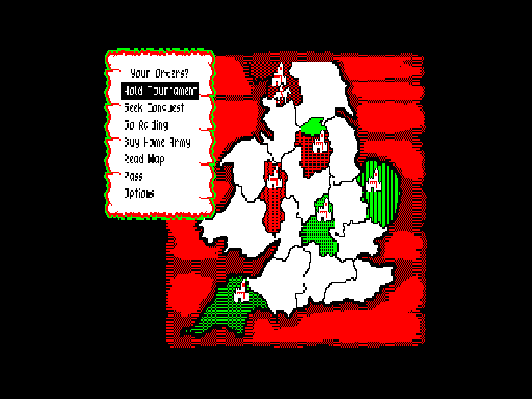 Defender of the Crown — mapa del reino y menú de órdenes durante una partida en Sinclair QL.