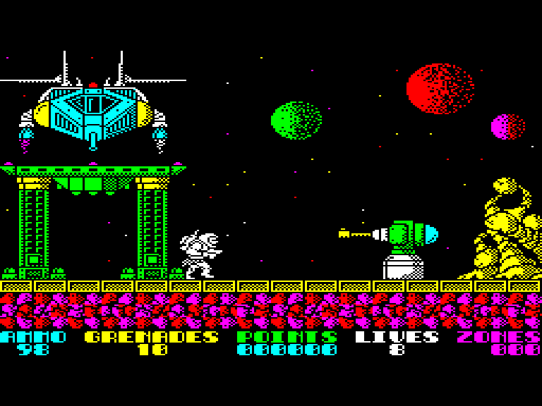 Exolon en juego en Sinclair QL: el protagonista y los obstáculos de la primera zona.