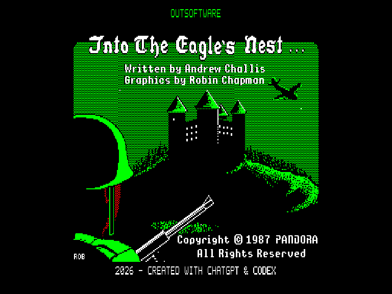 Schermata di presentazione di Into the Eagle's Nest per Sinclair QL.