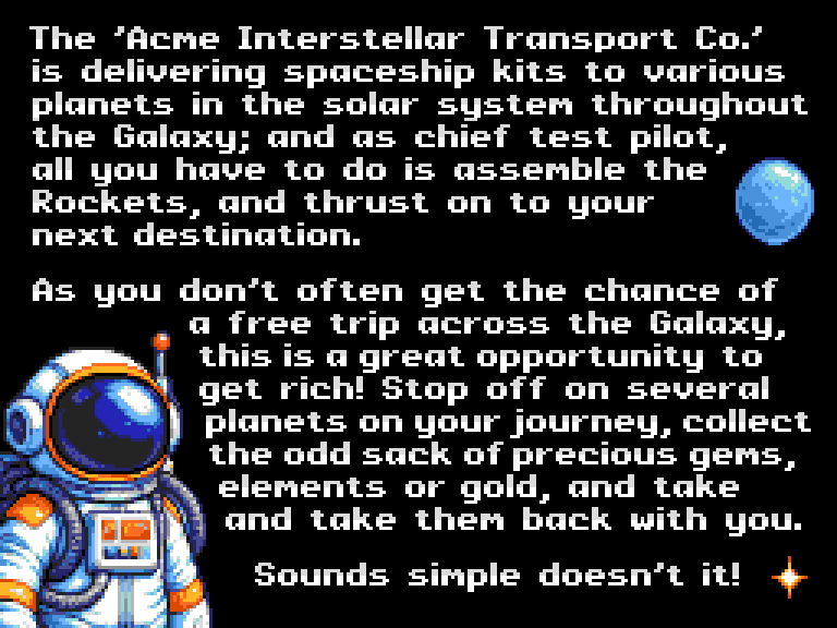 Pantalla de la historia de Jetpac para SAM, con el astronauta y la introducción Acme Interstellar Transport.
