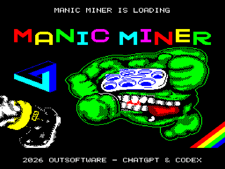 Pantalla de carga original de Manic Miner para Sinclair QL, en proporciones 4:3.