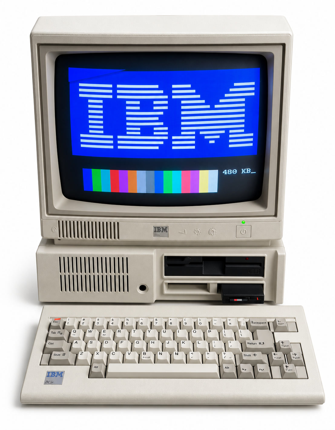 IBM PC Junior con monitor e tastiera originali e cartuccia hard disk su SD, con MS-DOS 3.1 installato.