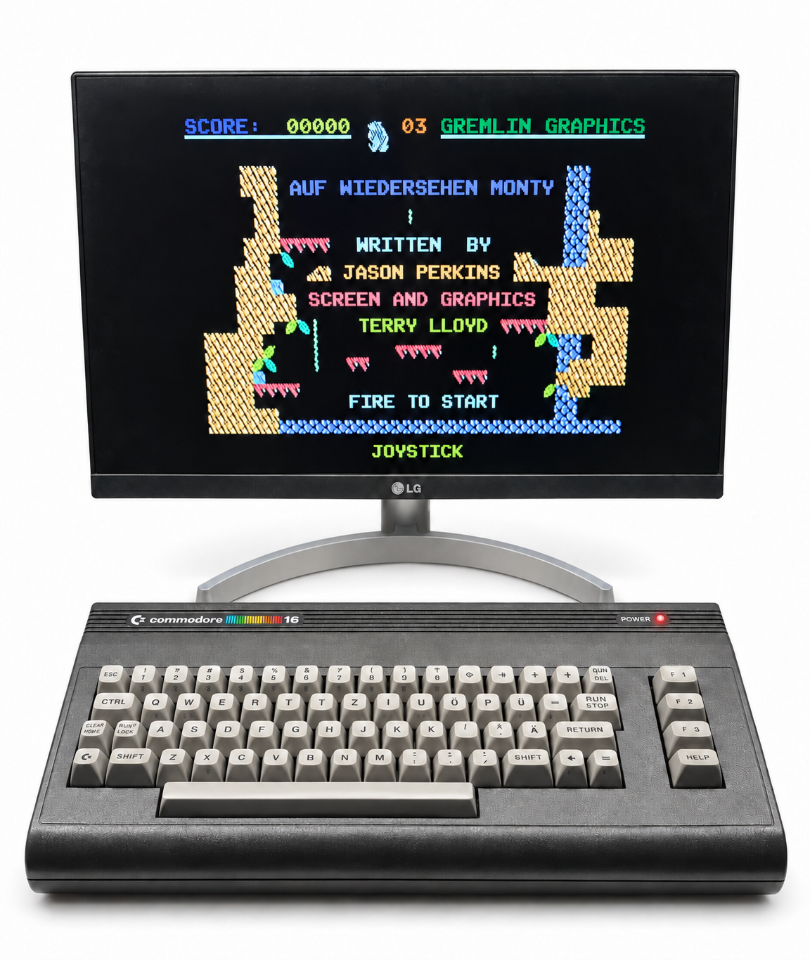 Commodore 16 con SD2IEC installata all’interno per l’emulazione dell’unità floppy. Sul monitor: Auf Wiedersehen Monty.